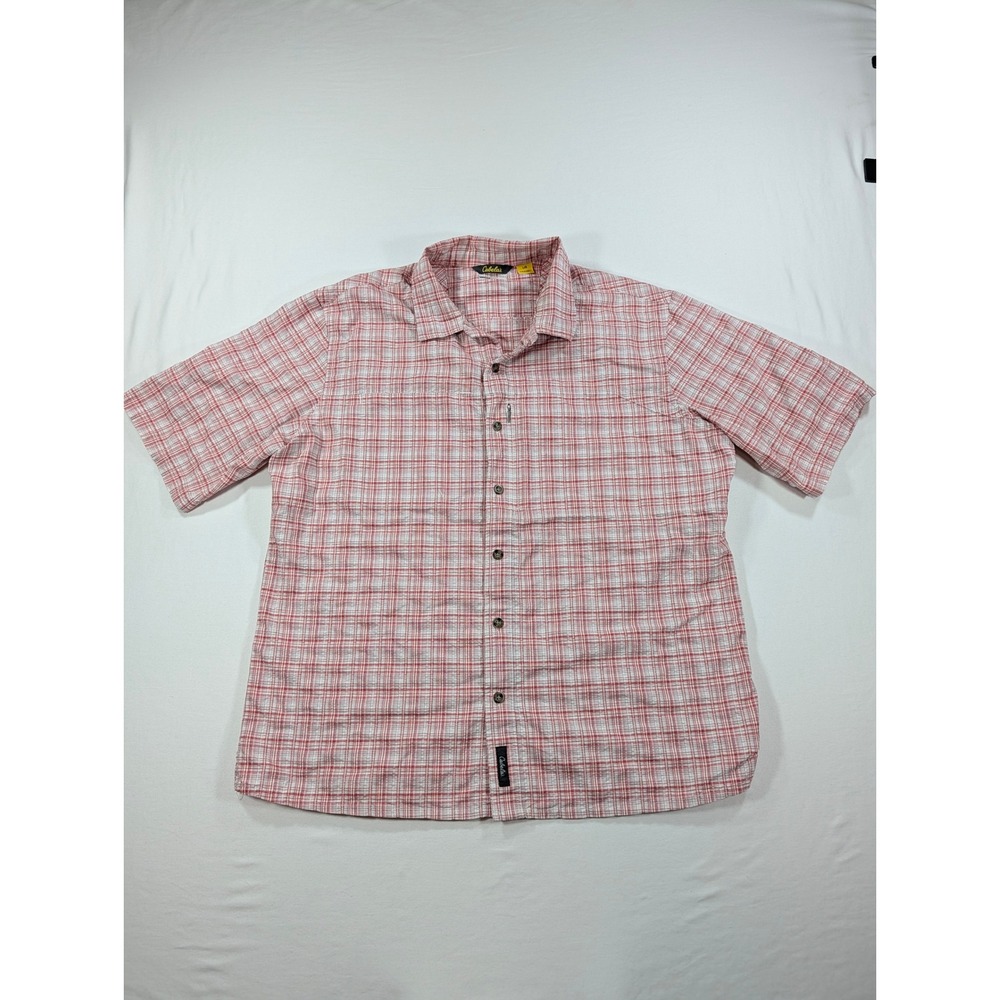 Cabelas Mens Large Red White Plaid Coolmax Short Sleeve Button Down Shirt Hiking